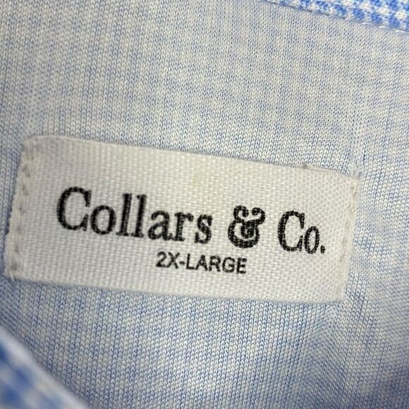 Collars & Co Polo Shirt Mens 2XL Blue White Houndstooth Long Sleeve Dress Preppy - Picture 3 of 8